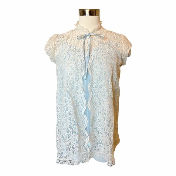 B30 Intime California VTG Lace Negligee Set Sz S Peignoir Blue Details